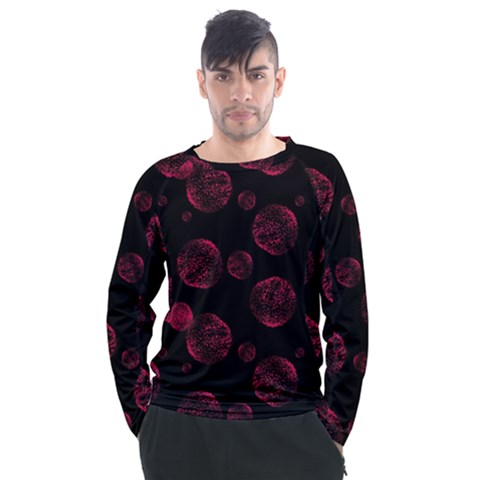 Red Sponge Prints On Black Background Men s Long Sleeve Raglan Tee by SychEva