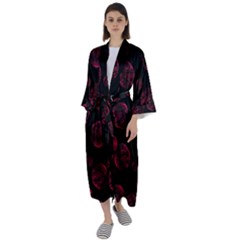 Red Sponge Prints On Black Background Maxi Satin Kimono by SychEva