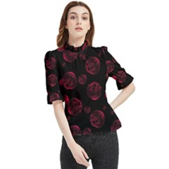 Red Sponge Prints On Black Background Frill Neck Blouse