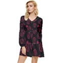 Red Sponge Prints On Black Background Tiered Long Sleeve Mini Dress View1