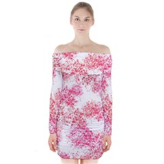 Red Splashes On A White Background Long Sleeve Off Shoulder Dress by SychEva