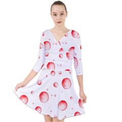 Red Drops On White Background Quarter Sleeve Front Wrap Dress by SychEva