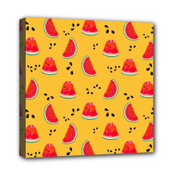 Slices Of Juicy Red Watermelon On A Yellow Background Mini Canvas 8  x 8  (Stretched)