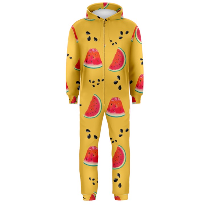 Slices Of Juicy Red Watermelon On A Yellow Background Hooded Jumpsuit (Men) 