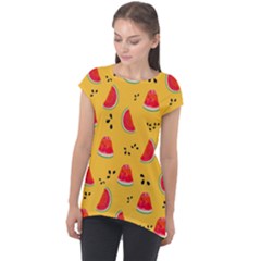 Slices Of Juicy Red Watermelon On A Yellow Background Cap Sleeve High Low Top by SychEva