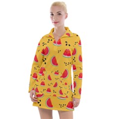 Slices Of Juicy Red Watermelon On A Yellow Background Women s Long Sleeve Casual Dress by SychEva