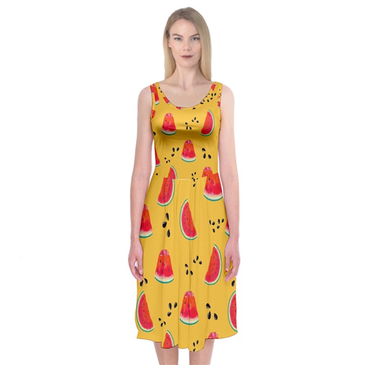 Slices Of Juicy Red Watermelon On A Yellow Background Midi Sleeveless Dress