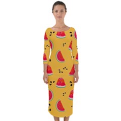 Slices Of Juicy Red Watermelon On A Yellow Background Quarter Sleeve Midi Bodycon Dress by SychEva