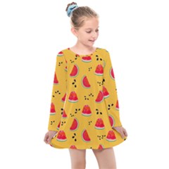 Slices Of Juicy Red Watermelon On A Yellow Background Kids  Long Sleeve Dress by SychEva