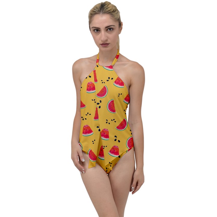 Slices Of Juicy Red Watermelon On A Yellow Background Go with the Flow One Piece Swimsuit