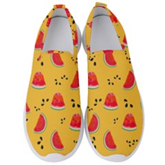 Slices Of Juicy Red Watermelon On A Yellow Background Men s Slip On Sneakers by SychEva