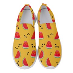 Slices Of Juicy Red Watermelon On A Yellow Background Women s Slip On Sneakers by SychEva