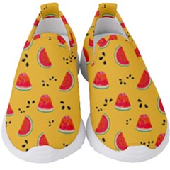 Slices Of Juicy Red Watermelon On A Yellow Background Kids  Slip On Sneakers by SychEva