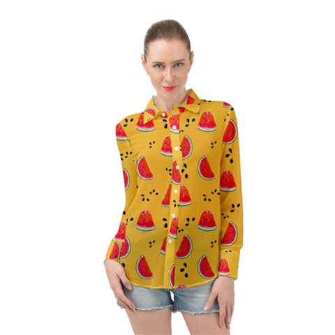 Slices Of Juicy Red Watermelon On A Yellow Background Long Sleeve Chiffon Shirt by SychEva