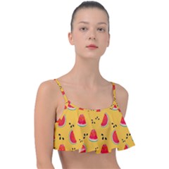 Slices Of Juicy Red Watermelon On A Yellow Background Frill Bikini Top by SychEva