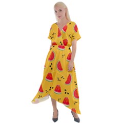 Slices Of Juicy Red Watermelon On A Yellow Background Cross Front Sharkbite Hem Maxi Dress