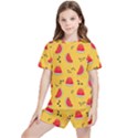 Slices Of Juicy Red Watermelon On A Yellow Background Kids  Tee and Sports Shorts Set View1