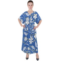 Folk Flowers Pattern V-neck Boho Style Maxi Dress