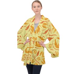 Folk Flowers Pattern Long Sleeve Velvet Kimono  by Eskimos