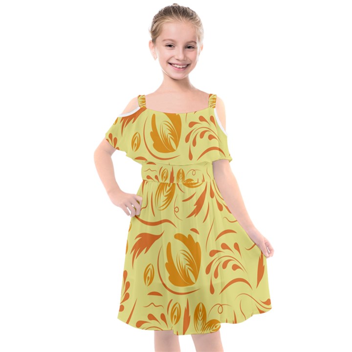 Folk flowers pattern Kids  Cut Out Shoulders Chiffon Dress