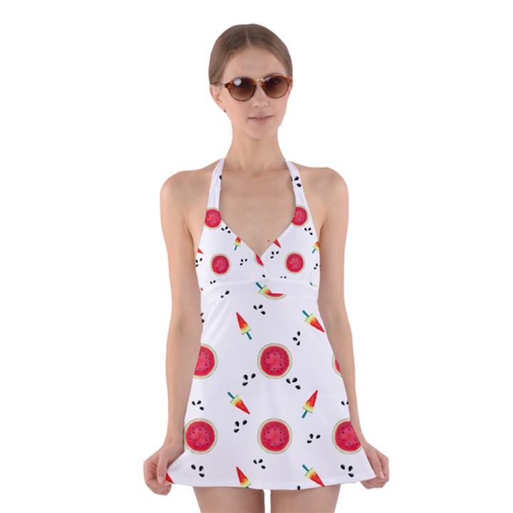 Slices Of Red And Juicy Watermelon Halter Dress Swimsuit 