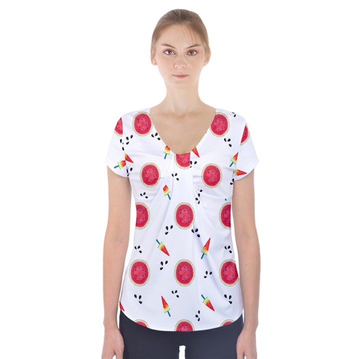 Slices Of Red And Juicy Watermelon Short Sleeve Front Detail Top