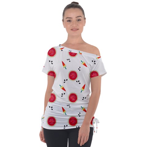 Slices Of Red And Juicy Watermelon Off Shoulder Tie-up Tee by SychEva