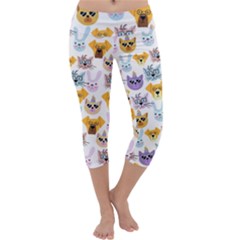 Funny Animal Faces With Glasses On A White Background Capri Yoga Leggings by SychEva