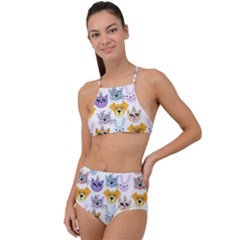 Funny Animal Faces With Glasses On A White Background High Waist Tankini Set by SychEva