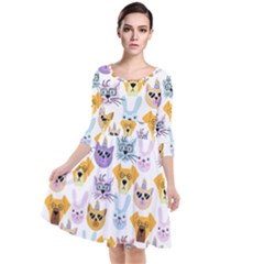 Funny Animal Faces With Glasses On A White Background Quarter Sleeve Waist Band Dress by SychEva