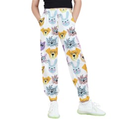 Funny Animal Faces With Glasses On A White Background Kids  Elastic Waist Pants by SychEva