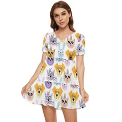 Funny Animal Faces With Glasses On A White Background Tiered Short Sleeve Mini Dress by SychEva