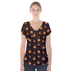 Halloween Pumpkins Pattern, Witch Hat Jack O  Lantern Short Sleeve Front Detail Top by Casemiro