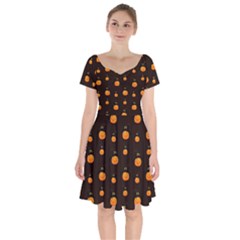 Halloween Pumpkins Pattern, Witch Hat Jack O  Lantern Short Sleeve Bardot Dress by Casemiro