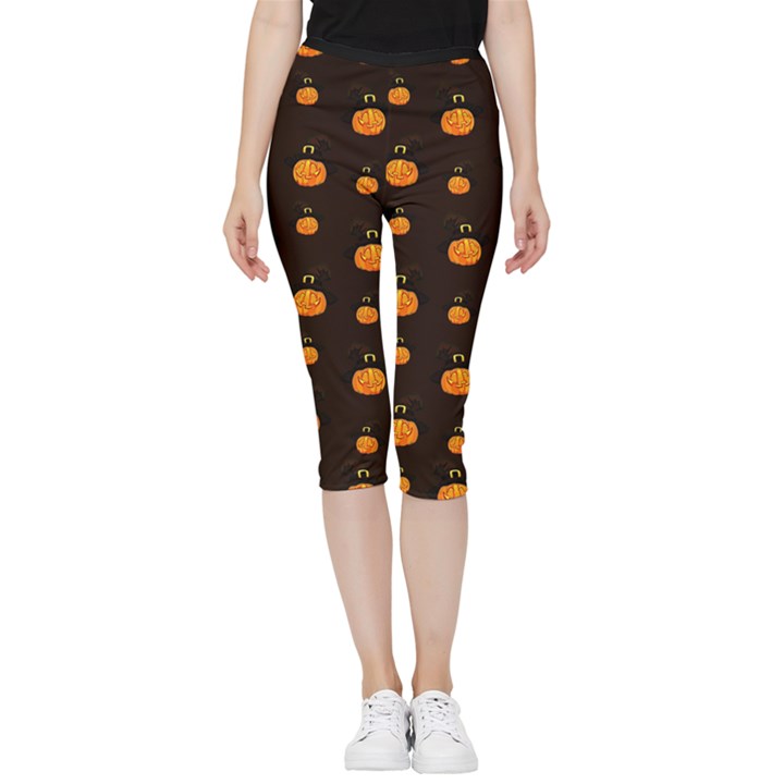 Halloween pumpkins pattern, witch hat Jack O  Lantern Inside Out Lightweight Velour Capri Leggings 