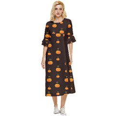 Halloween Pumpkins Pattern, Witch Hat Jack O  Lantern Double Cuff Midi Dress