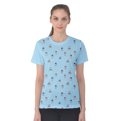 Cute Kawaii Dogs Pattern At Sky Blue Women s Cotton Tee by Casemiro