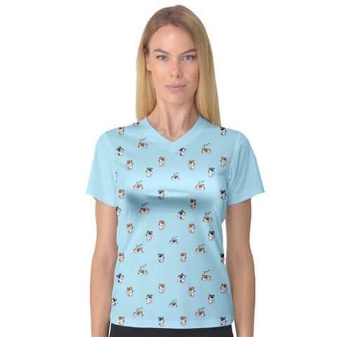 Cute Kawaii Dogs Pattern At Sky Blue V-neck Sport Mesh Tee by Casemiro