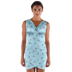 Cute Kawaii Dogs Pattern At Sky Blue Wrap Front Bodycon Dress by Casemiro