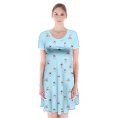 Cute Kawaii Dogs Pattern At Sky Blue Short Sleeve V-neck Flare Dress by Casemiro