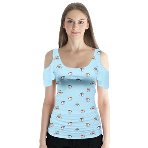 Cute Kawaii Dogs Pattern At Sky Blue Butterfly Sleeve Cutout Tee  by Casemiro