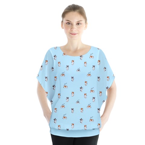 Cute Kawaii Dogs Pattern At Sky Blue Batwing Chiffon Blouse by Casemiro