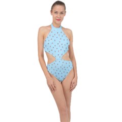 Cute Kawaii Dogs Pattern At Sky Blue Halter Side Cut Swimsuit by Casemiro