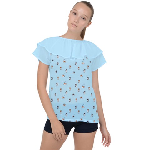 Cute Kawaii Dogs Pattern At Sky Blue Ruffle Collar Chiffon Blouse by Casemiro