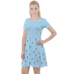 Cute Kawaii Dogs Pattern At Sky Blue Cap Sleeve Velour Dress  by Casemiro