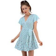 Cute Kawaii Dogs Pattern At Sky Blue Flutter Sleeve Wrap Dress by Casemiro