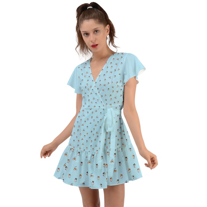 Cute Kawaii dogs pattern at sky blue Flutter Sleeve Wrap Dress