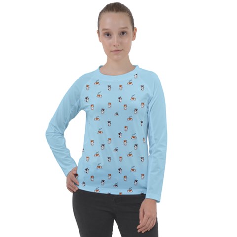 Cute Kawaii Dogs Pattern At Sky Blue Women s Long Sleeve Raglan Tee by Casemiro