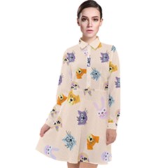 Funny Animal Faces With Glasses Cat Dog Hare Long Sleeve Chiffon Shirt Dress by SychEva