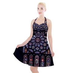 Chartres-cathedral-notre-dame-de-paris-amiens-cath-stained-glass Halter Party Swing Dress  by Sudhe